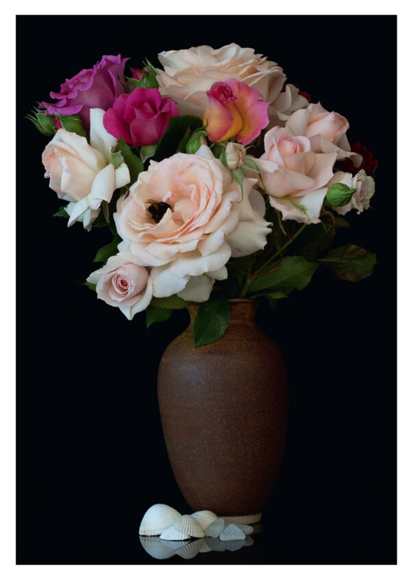 Roses in a brown vase with a bee and shells with milestones